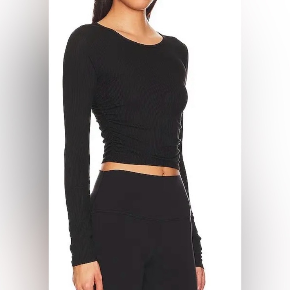 Alo Gather Ribbed Long Sleeve Top, Black, Size XS